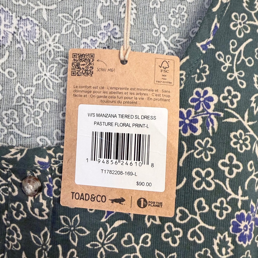 Toad&Co Manzana Tiered SL Dress Pasture Floral Print Green Blue Large NWT - Picture 4 of 7